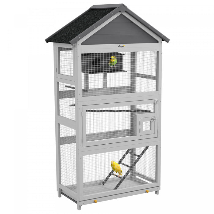 Pawhut Wooden Bird Cage, 67\" Parrot Cage With Perches, Bird House, Ladder, Slide-out Tray For Finches, Parakeets, Small Birds, Indoor Outdoor Use, Grey