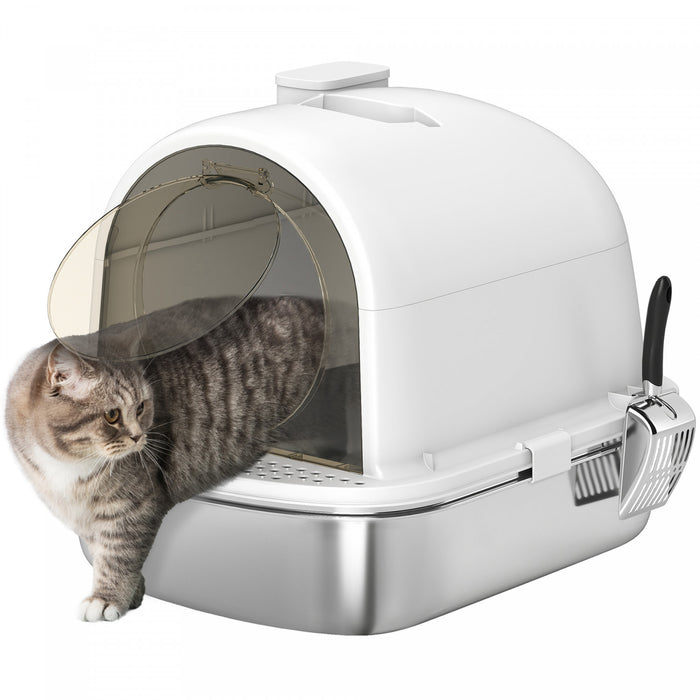 Pawhut Stainless Steel Litter Box With Lid, Enclosed Cat Litter Box With Scoop, Deodorizer Bag, Handle, Odour Control, Non-sticky And Easy To Clean, White