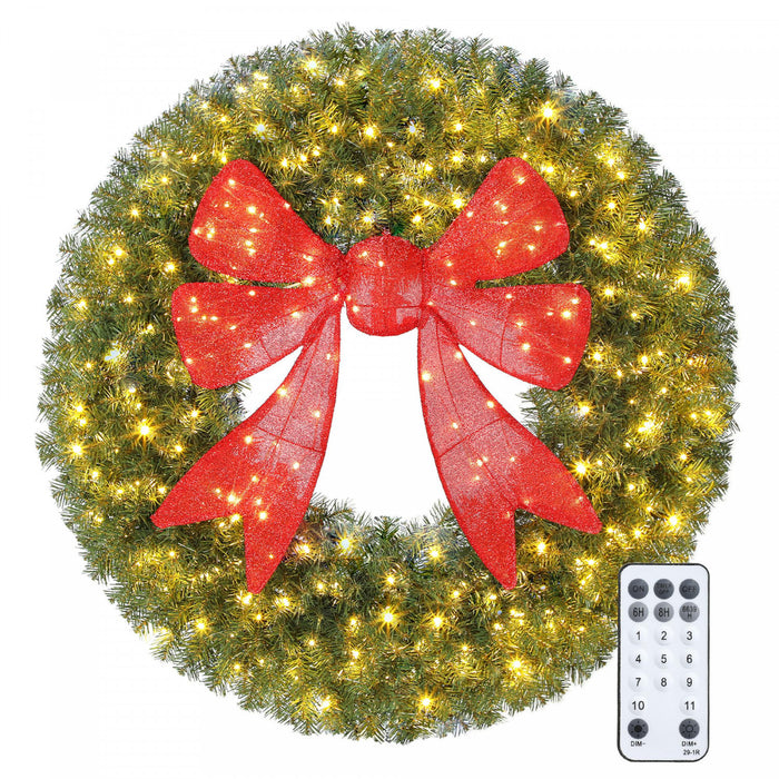 HOMCOM 36in Pre-Lit Christmas Wreath for Front Door with 3D Red Bow