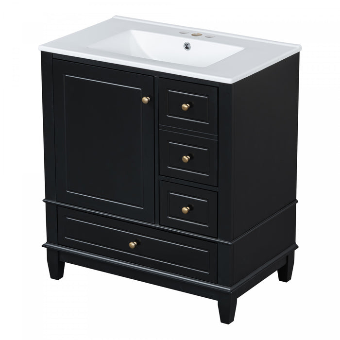 Emma 30\" Solid Wood Bathroom Vanity with Ceramic Sink and Soft-Close Door, Black