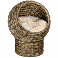 Pawhut Wicker Cat Bed, Elevated Rattan Kitten Bed With Cushion, Cat Egg Chair Kitty House With Stand