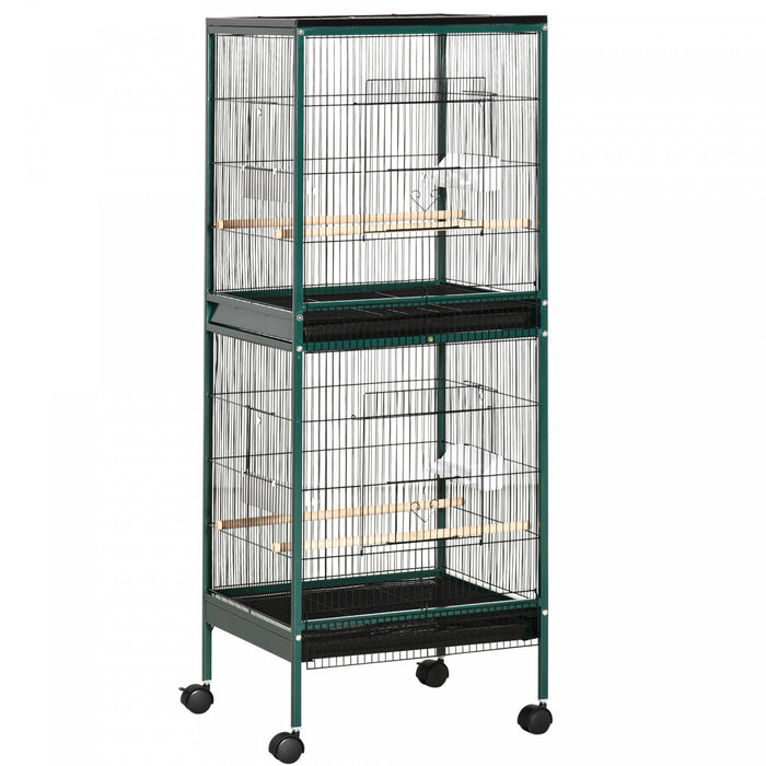 Pawhut 55.1\" 2 In 1 Bird Cage Aviary Parakeet House For Finches, Budgies With Wheels, Slide-out Trays, Wood Perch, Food Containers, Green