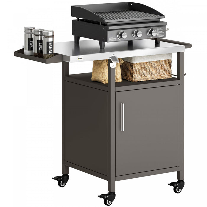 Outsunny Outdoor Grill Cart with Stainless Steel Tabletop for Kitchen Prep, Pizza Oven Stand with Cabinet, Spice Rack, Towel Holder, Bottle Opener, BBQ Stand on Wheels, Brown