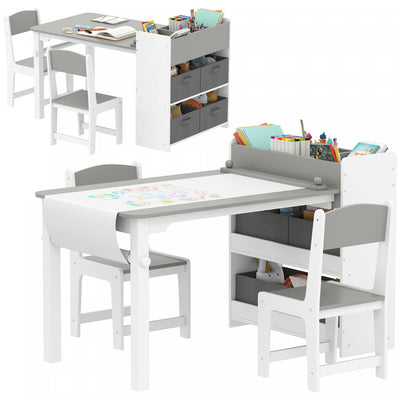Qaba Kids Table And Chair Set With Paper Roll, Toddler Table And Chair Set With Storage Shelves And Drawers, Art Craft Table For Drawing Writing Aged 3-8 Years, Grey