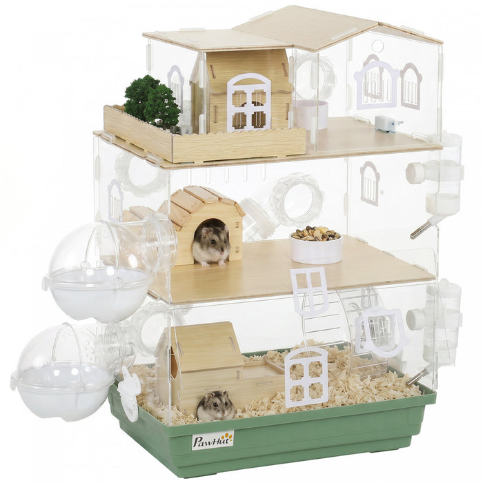 PawHut Large Hamster Cage, 3 Tiers Acrylic Hamster Habitat with Water Bottles, Dishes, Running Wheel and External Bathrooms for Pet Mice, Dwarf Hamster, 13.4\" L x 9.8\" W x 20.5\" H