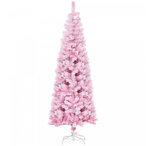 Homcom Snow Flocked Pencil Artificial Christmas Tree With Steel Base Pink
