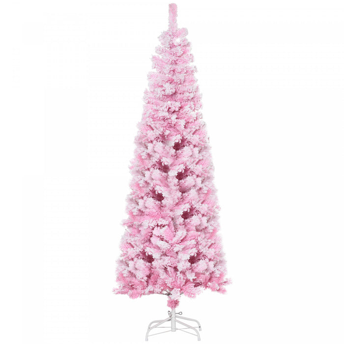 Homcom Snow Flocked Pencil Artificial Christmas Tree With Steel Base Pink