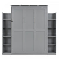 Aiden Murphy Bed with Shelves and LED Lights,Full Size,Grey Full Bed