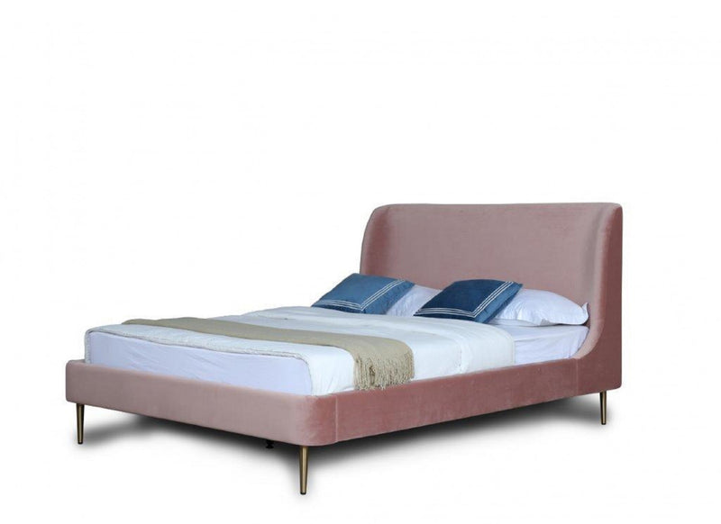 Heather Mid-Century Modern Velvet Upholstered Queen Bed in Blush and Gold