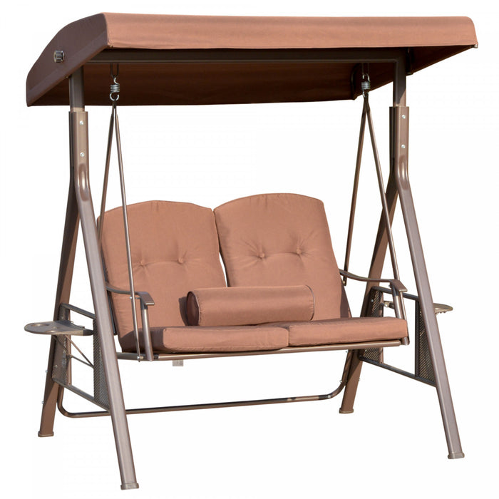 Outsunny 2-person Patio Swing Outdoor Swing Chair Canopy Swing With Adjustable Shade, Soft Cushions, Throw Pillow And Tray For Garden, Poolside, Backyard, Brown