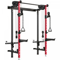 Soozier Foldable Power Cage, Space-Saving Power Rack with Pull-Up Bar, Red