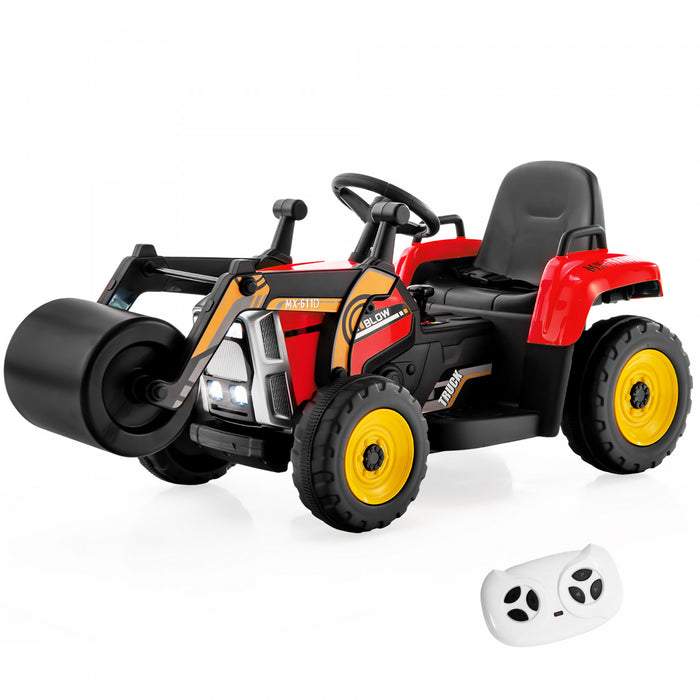 Costway Kids Ride On Road Roller 12v Electric Tractor Remote W/ Music & Led Light Red