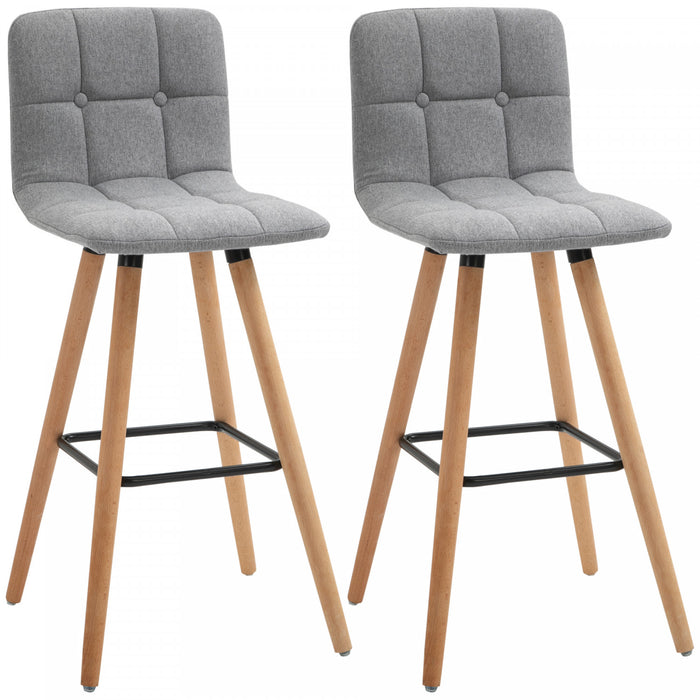 HOMCOM Bar Stool Set of 2 Upholstered Kitchen Stool w/ Wood Legs, Grey