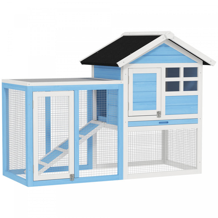 Pawhut 48\" Weatherproof Wooden Rabbit Hutch With Slant Roof And Screened Outdoor Run, Light Blue