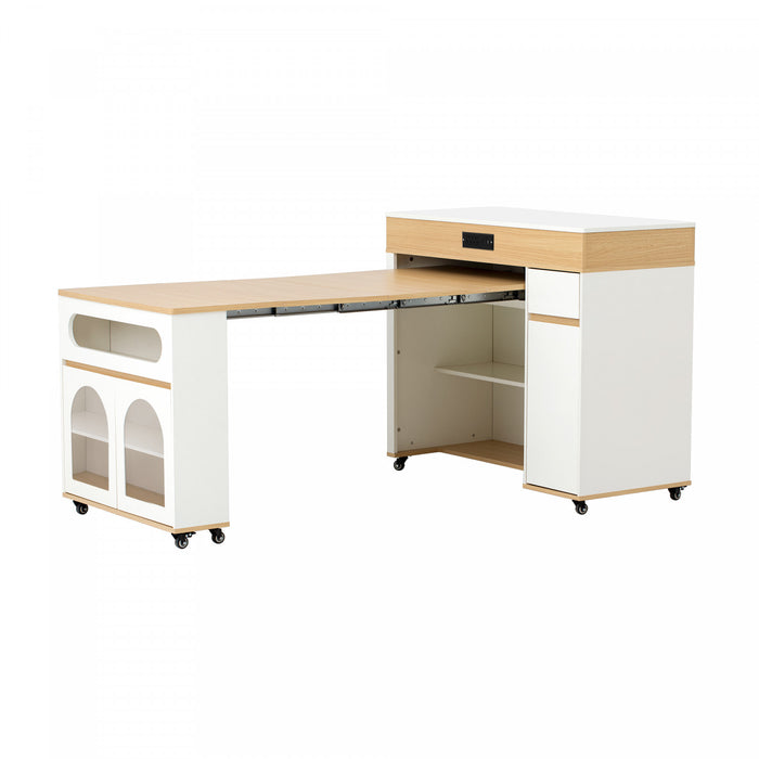 Avery Extendable Dining Table with Rolling Kitchen Island,White