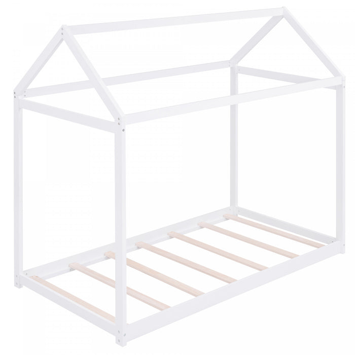 Susan Easy-clean Design Solid Wood House Bed With Roof Frame, Twin Size, White