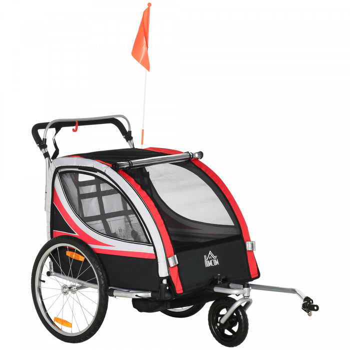 Aosom 2-in-1 Bike Trailer For Kids 2 Seater, Baby Stroller With Brake, Storage Bag, Safety Flag, Reflectors & 5 Point Harness, Red