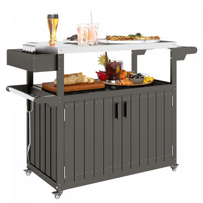 Outsunny Outdoor Bar Cart with Storage Cabinet, Stainless Steel Top Outdoor Kitchen Cabinet with Wheels, HDPE Bar Table Beverage Food Prep Station for Indoor Outdoor, Dark Grey