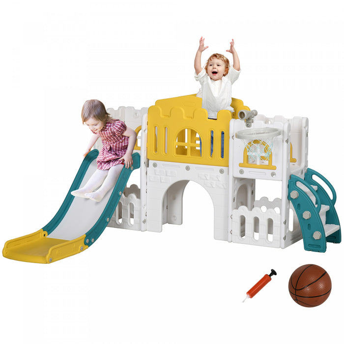 Qaba Toddler Slide, 7 In 1 Slide For Kids With Basketball Hoop, Climber, Telescope, Tunnel, Steering Wheel, Aisle, Storage Baskets, Indoor Slide Playset For 1-3 Years, Yellow