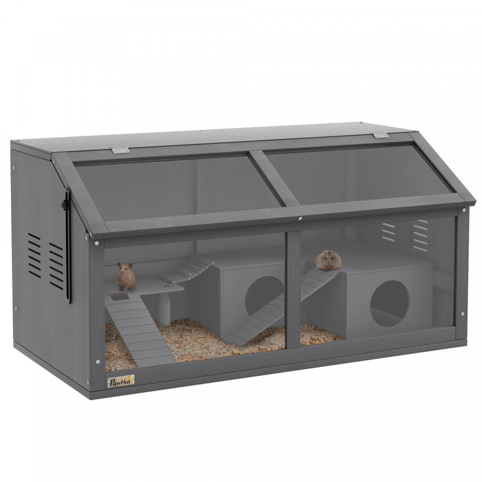 Pawhut Wooden Hamster Cage, 33.5\"l Hamster Habitat, Small Animal Cage For Syrian Drawf Hamster Gerbils Mice With Suspension Bridge, Openable Top, Ladders, Platform, Dark Grey