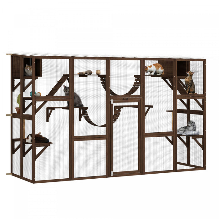 Pawhut Catio, Large Outdoor Cat Enclosure With Cat Condos, Platforms, Ladders, Doors, Weather-resistant Roof, Wooden Cat Cage For 1-4 Cats, Espresso
