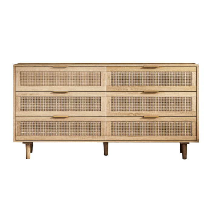 59\" Mila Modern 6 Drawer Rattan Storage Cabinet with Engineered Wood Frame- Natural