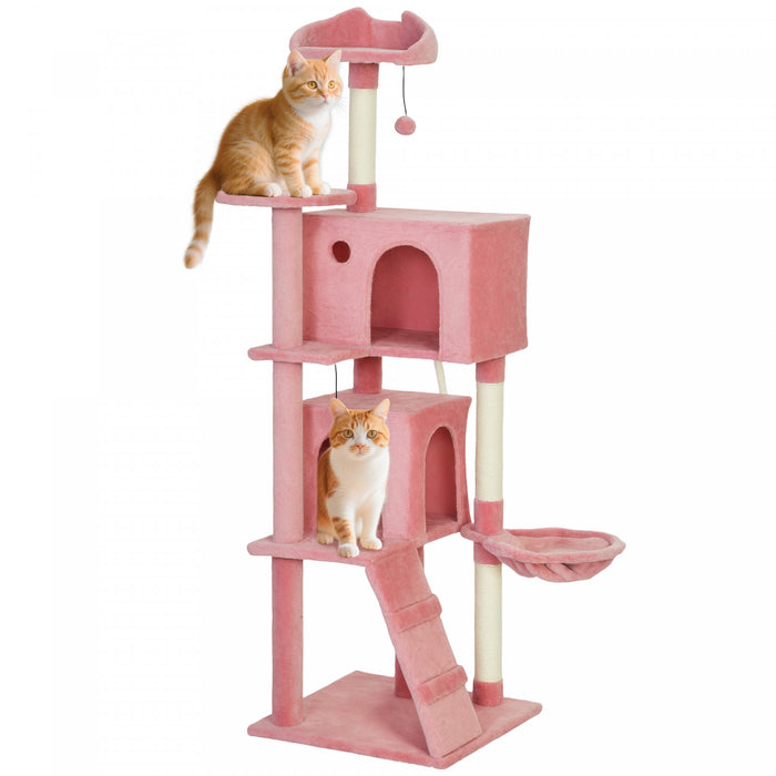 PawHut Cat Tree, 63 Inch Multi-Level Large Cat Tower with Sisal Scratching Posts, Condos, Plush Perches, Hammock, Ladder, Dangling Balls, for Indoor Kittens, Pink