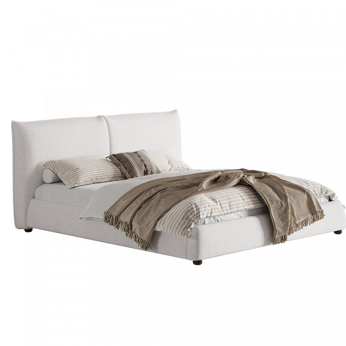 Mason Linen Blend Upholstered Platform Bed Pillow-Back Headboard,King Size,White King Bed