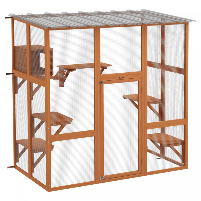 Pawhut Catio Outdoor Cat Enclosure, Wooden Outdoor Cat House Window Box With Weatherproof Roof, Bridge, Resting Box, Platforms, Cat Cage For 2 Kittens, Orange