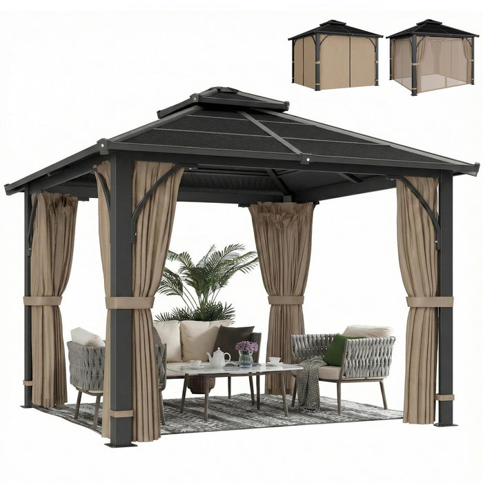 Outsunny 10' x 10' Hardtop Polycarbonate Gazebo with Curtains, Khaki