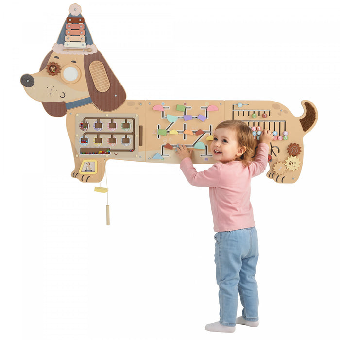 Qaba Dachshund Activity Wall Busy Board, Wooden Montessori Sensory Toys for 1.5-6 Y, Interactive Learning Activity Center for Playroom Nursery, Educational Toys for Toddler