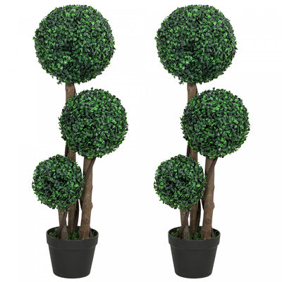 HOMCOM 35 Inch Artificial Boxwood Triple Ball Topiary Tree Set of 2, Green