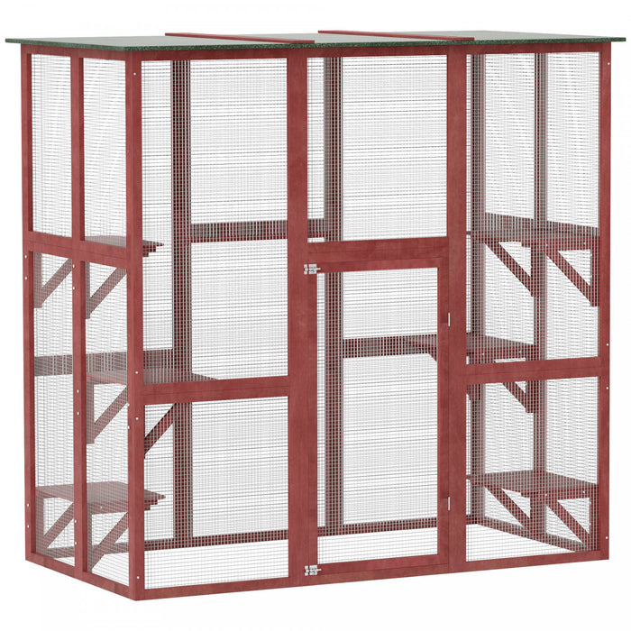 Pawhut Large Outdoor Catio Enclosure, Weatherproof Cat House With Asphalt Roof, Wooden Cat Patio Cage With 6 Balanced Platforms, 71\" X 39\" X 71\", Wine Red