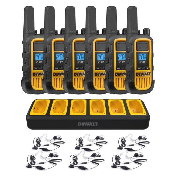 6 Dewalt DXFRS800 Work Site Walkie Talkies Plus Earpieces - 2 Watt, Heavy Duty, Long Range Indoor-Outdoor Two Way Radios + 22 Channel