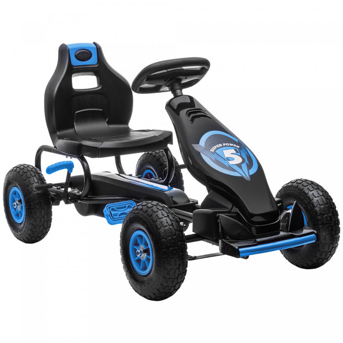 Aosom Kids Pedal Go Kart, Ride On Toys For Boys Girls With Ergonomic Adjustable Seat, Rubber Wheels Shock Absorb, Safety Hand Brake, Ages 5-12 Years Old, Blue
