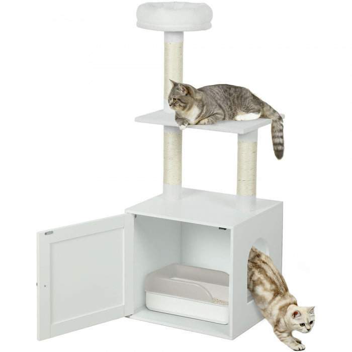 Pawhut Cat Tree With Litter Box Enclosure, Hidden Cat Tower With Sisal Covered Scratching Posts, Large Platform, Bed, Modern Furniture For Indoor Kittens, White