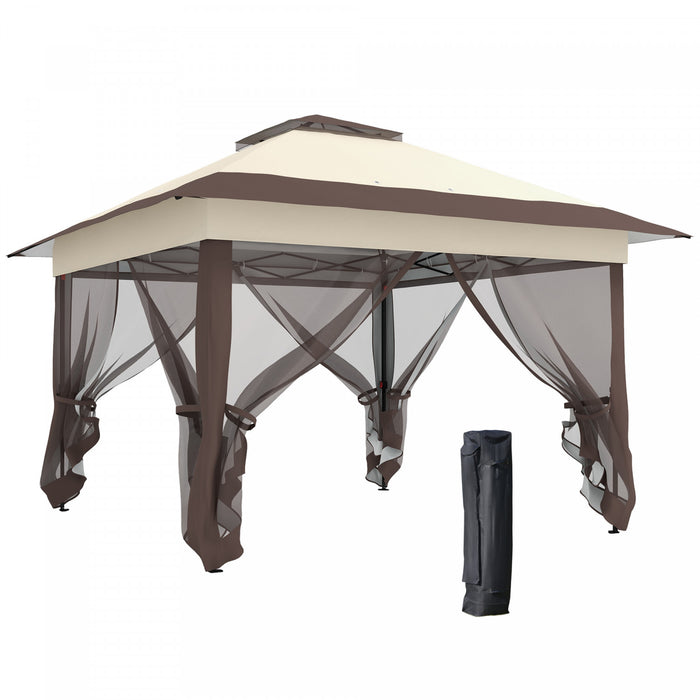 Outsunny 12' X 12' Foldable Pop-up Party Tent Instant Canopy Sun Shade Gazebo Shelter Steel Frame Oxford W/ Roller Bag, Khaki And Brown