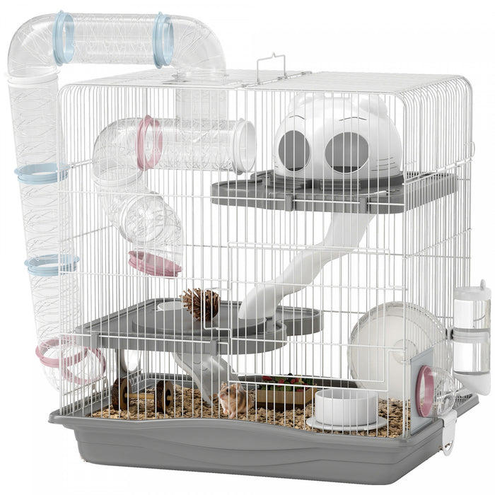 PawHut Hamster Cage, 3-Level Small Animal House with Exercise Wheel, Food Bowl, Water Bottle, House, Tunnels, Ramps, Gerbil Cage for Dwarf Hamster, 18\" x 12\" x 18\", Grey