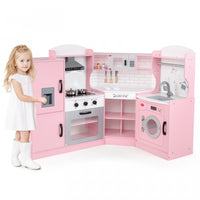 Honeyjou Corner Play Kitchen Toddler Kitchen Playset With Range Hood, Ice Maker, Microwave Pink