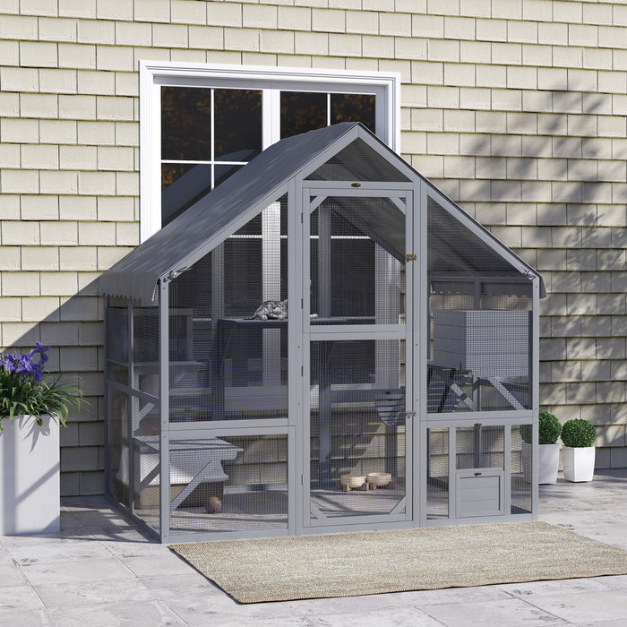 Pawhut Catio Outdoor Cat Enclosure, Large Kitten House With Waterproof Cover, 2 Resting Boxes, 4 Platforms, Bridge, Wooden Cat Cage Outdoor For 2-4 Kittens, 73\" X 55\" X 74\", Grey