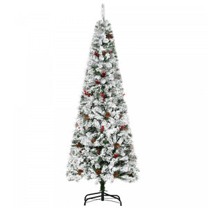 Homcom 6ft Snow Artificial Christmas Tree With Pine Cone, Red Berry