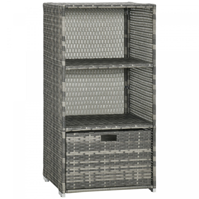 Outsunny Outdoor Storage Cabinet, Patio Storage Box Rack Rattan Wicker Pool Towel Valet Organizer Poolside Garden Lawn Bathroom Furniture Shelf W/ Shelf Drawer, Mixed Grey