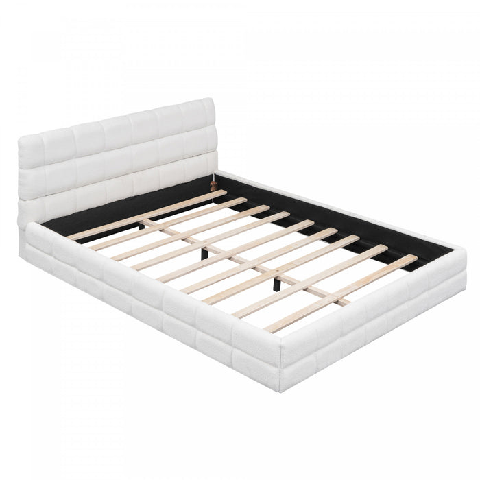 Emma Modern Upholstered Platform Bed with Comfortable Solid Wood,Queen Size,White Queen Bed