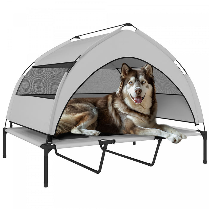 PawHut Elevated Dog Bed, Raised Outdoor Dog Cot with Removable Canopy, Breathable Mesh, Storage Bag, Portable Pet Cot for Indoor Outdoor Large Breeds, 48\" x 36\" x 37\", Light grey