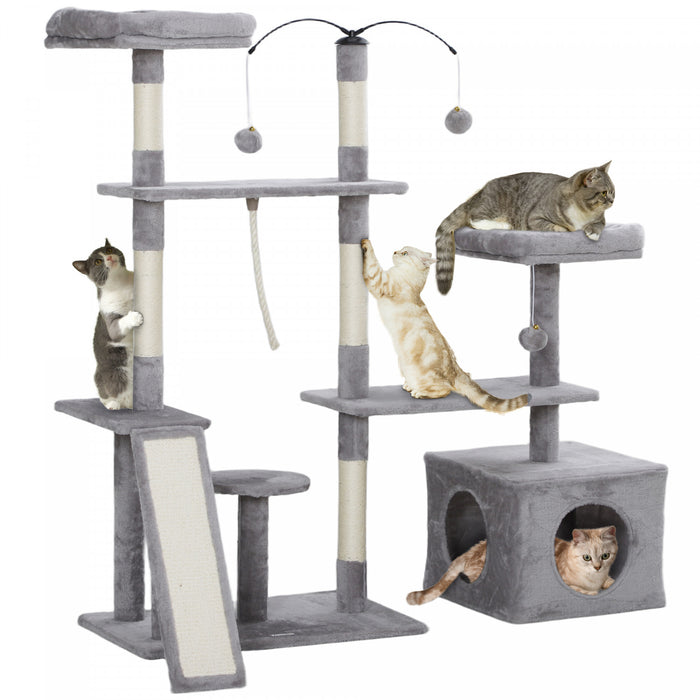 Pawhut 53\" Cat Tree, Multi-level Cat Tower For Indoor Cats With Sisal Scratching Posts, Cat Condo, Beds, Platforms, Ramp, Toy Balls, Cat Activity Center, Light Grey