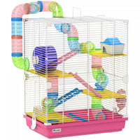 PawHut 5 Tiers Hamster Cage Portable Animal Travel Carrier Habitat with Exercise Wheels Play Tube Water Bottle Dishes House Ladder for Gerbils, Pink