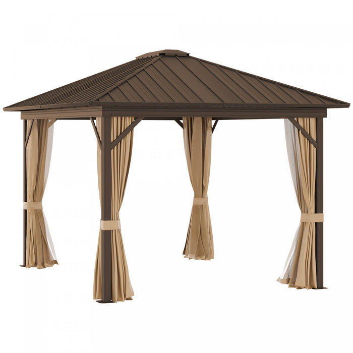 Outsunny 10' X 12' Patio Gazebo Outdoor Hardtop Gazebo With Aluminum Frame, Mesh Nettings, Curtains And Roomy Interior Space, Brown