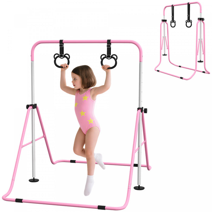 Qaba Gymnastics Bar For Kids, 35\"-50\" Adjustable Height Foldable Horizontal Bar With Gymnastics Rings, Non-slip Rubber Floor Rings, For Home Training Equipment, Pink