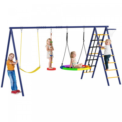 Qaba Swing Set for Backyard, 6 in 1 Heavy Duty Large Metal Swing Set with A-Frame, Belt Swing, Saucer Swing, Disc Rope Swing, Climbing Ladder, Basketball Hoop and Net