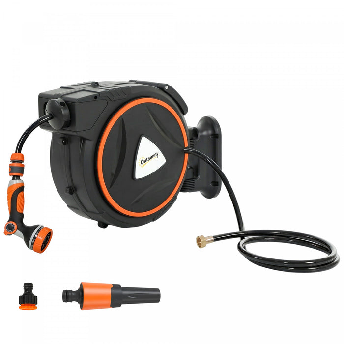 Outsunny Retractable Garden Hose Reel, 1/2\" x 59ft Wall Mounted Hose Reel with 12-Pattern Nozzles, Auto Retraction, Self-Locking, Slow Return System, 180° Swivel Bracket